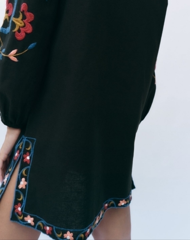 Zara Short Embroidered Cotton Linen Blend Dress Sz-M - Picture 4 of 10